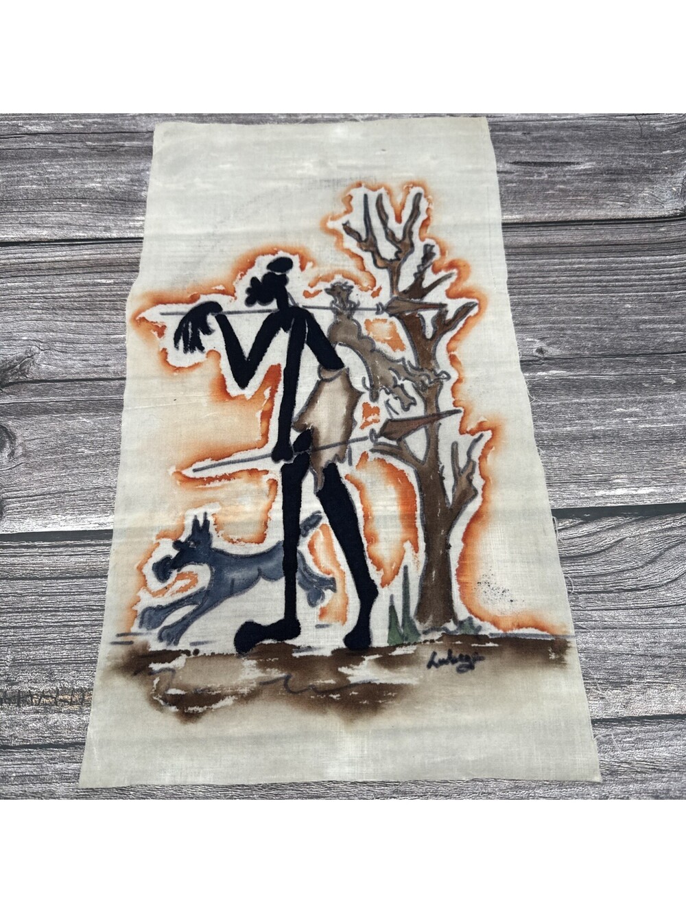 African Scene on Canvas 15 X 6 in H Silhouettes Folk Style Ugandan Black Art